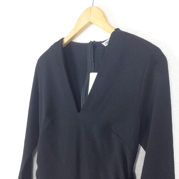 NWT Zara Ruched Waist Midi Dress Small Black Long Sleeves 2298/217 Minimalist - Picture 7 of 13